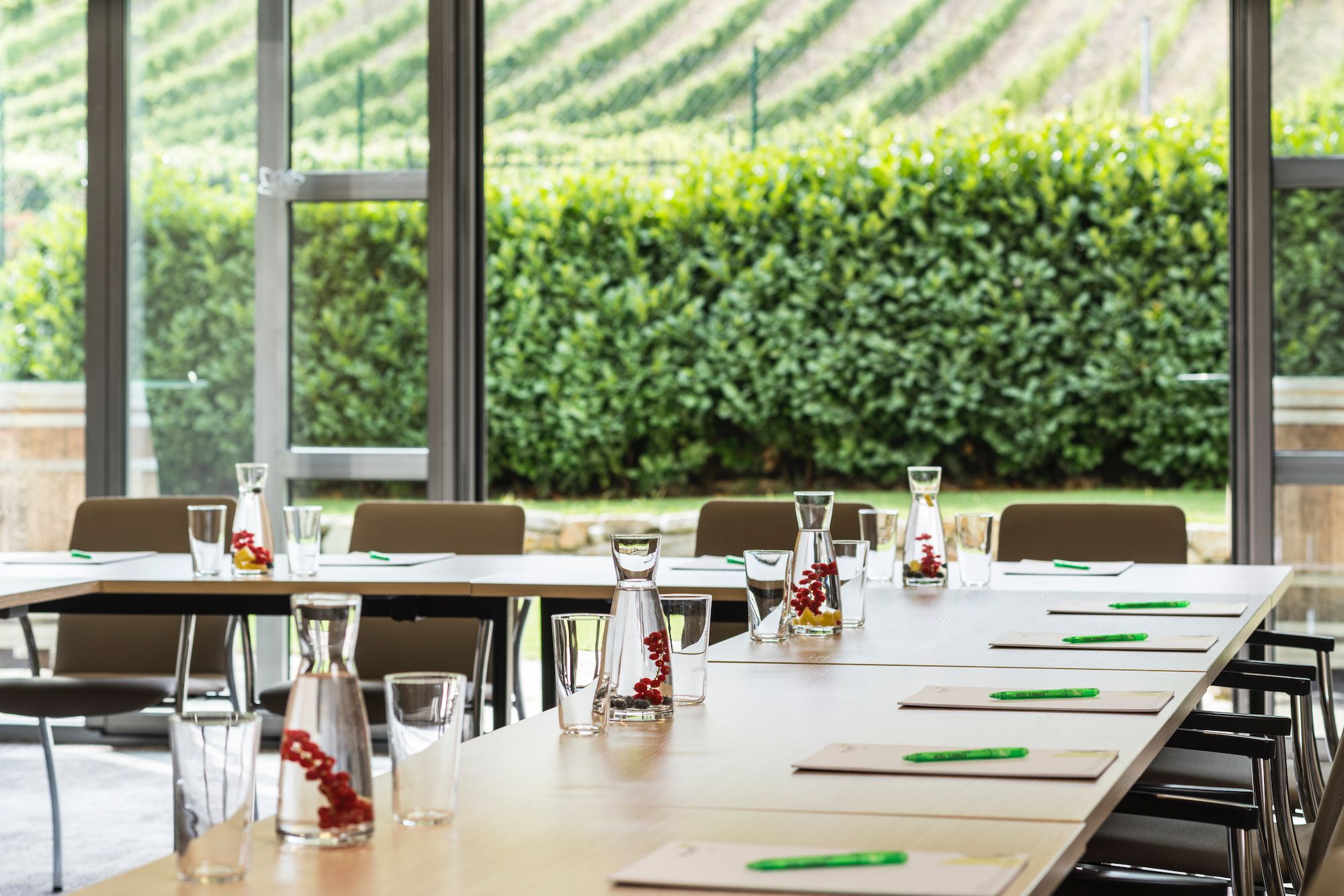 Seminarraum mit Tischen, Stühlen und Blick auf Weinberge.