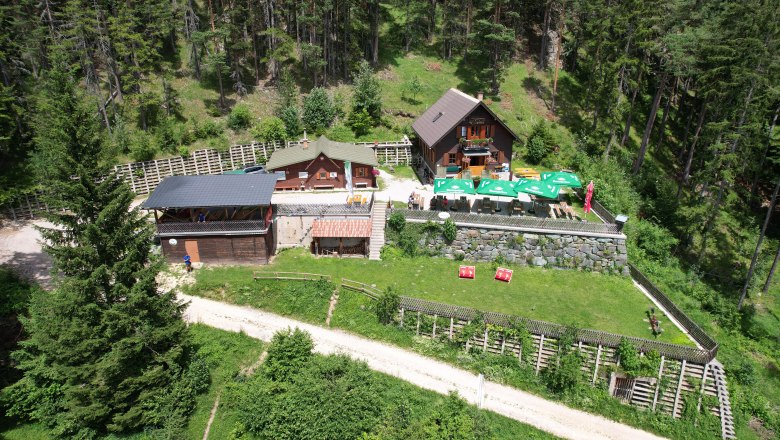 Luftaufnahme der Potschacherh&uuml;tte in einem Waldgebiet mit umliegenden B&auml;umen und einer Terrasse mit Sonnenschirmen.