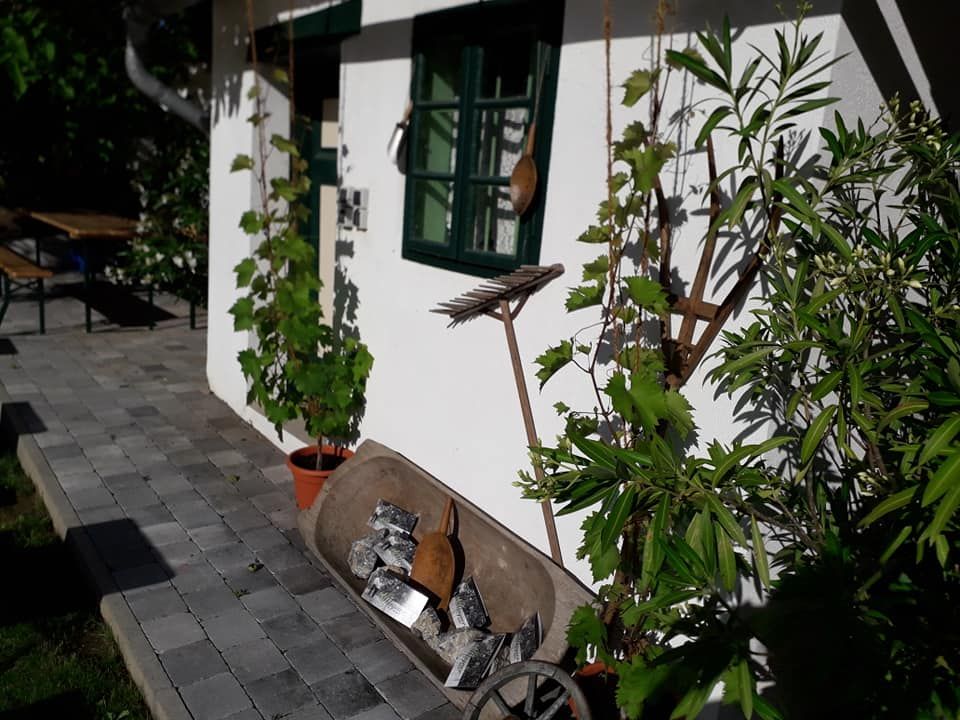 Weißes Gebäude mit grünen Fensterläden, Pflanzen und Gartenwerkzeugen an der Wand.