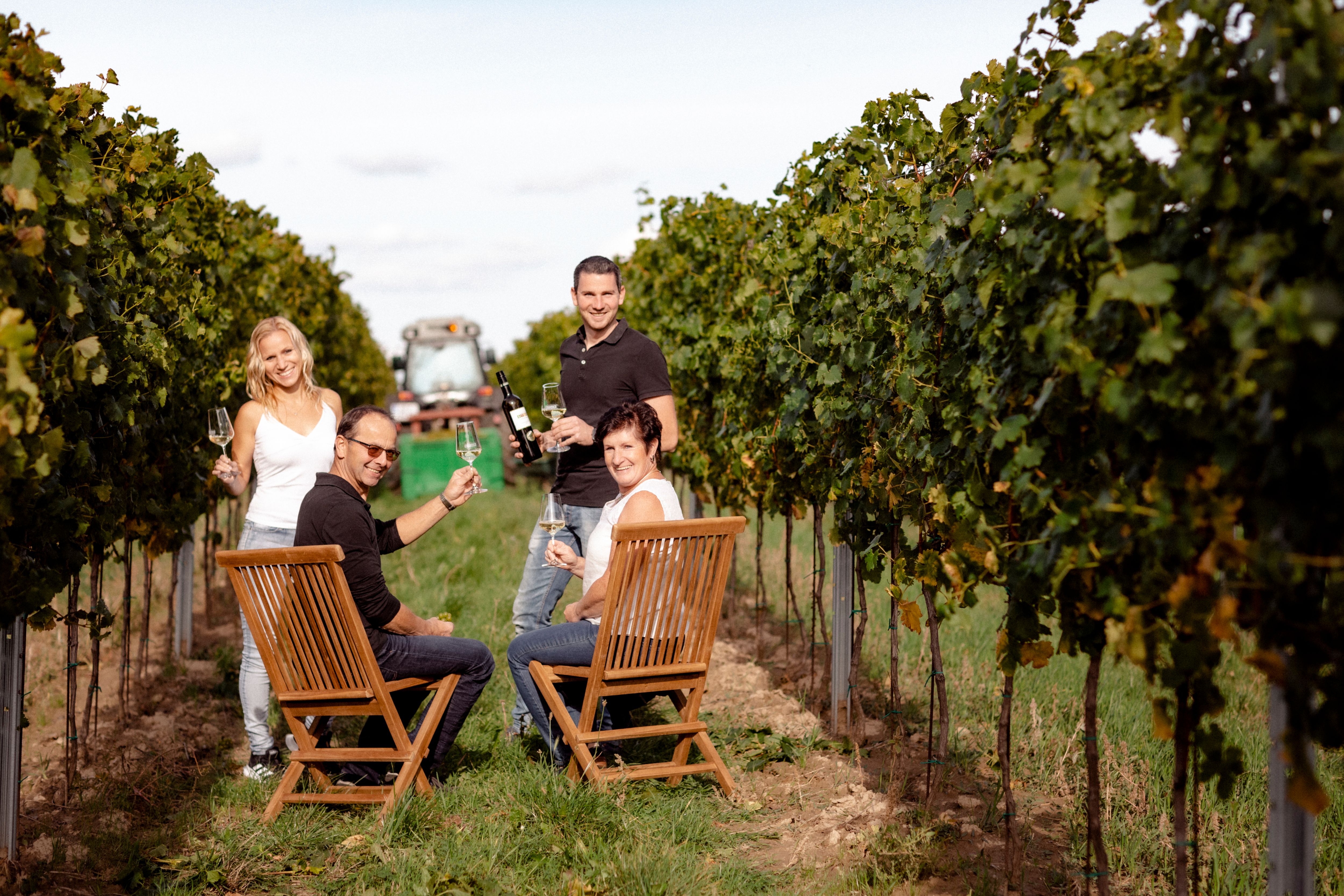 Vier Personen sitzen und stehen in einem Weinberg mit Weingläsern in der Hand.