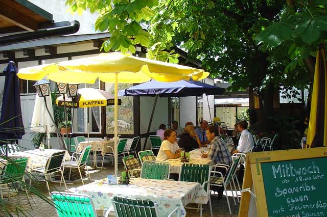 Ein gemütlicher Gastgarten mit Tischen, Stühlen und Sonnenschirmen, umgeben von Bäumen. Menschen sitzen und unterhalten sich.