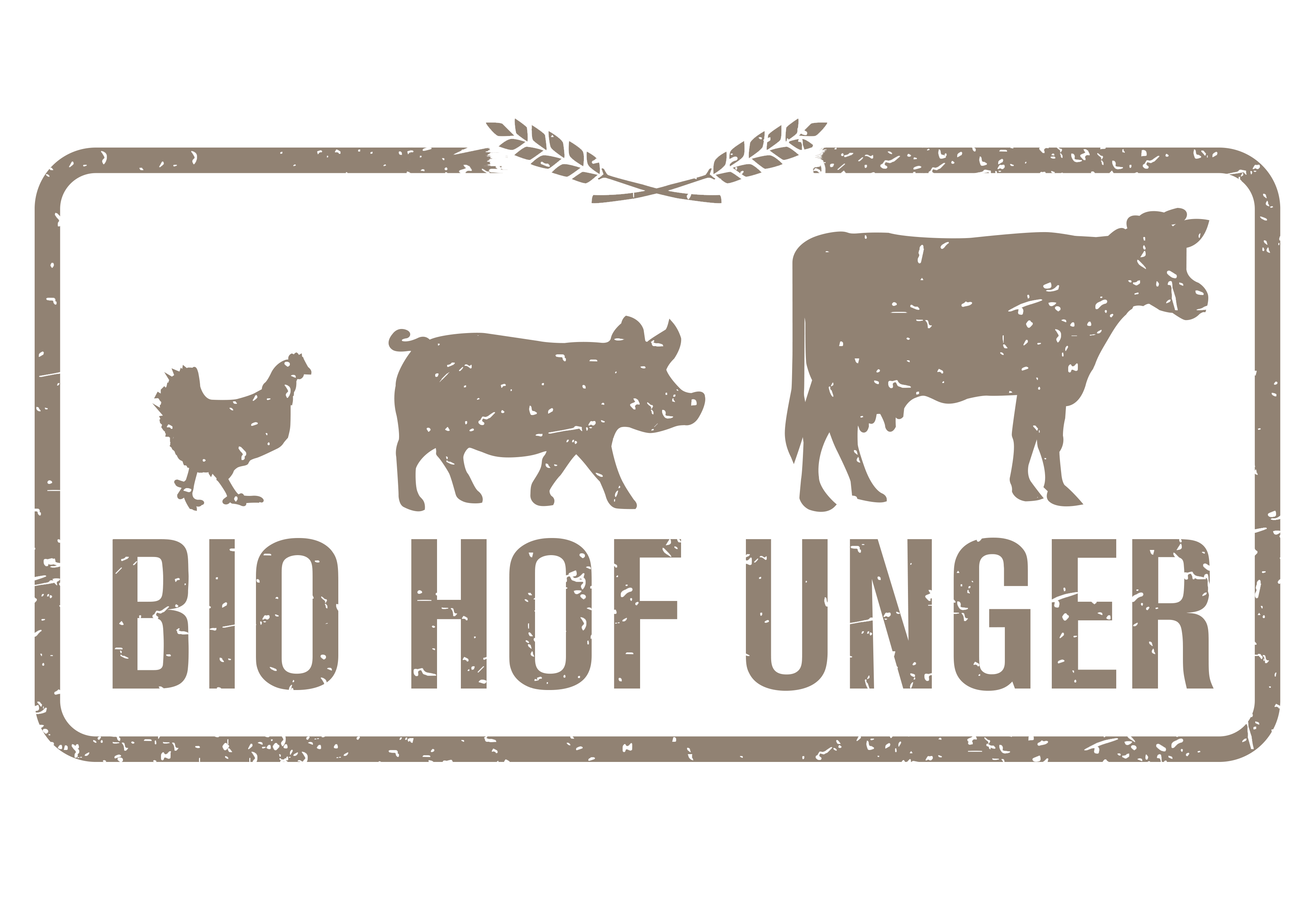 Logo des Biohof Unger mit Silhouetten von Huhn, Schwein und Kuh.
