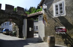 Eingang zu einem traditionellen Heurigen mit Torbogen und Schild.