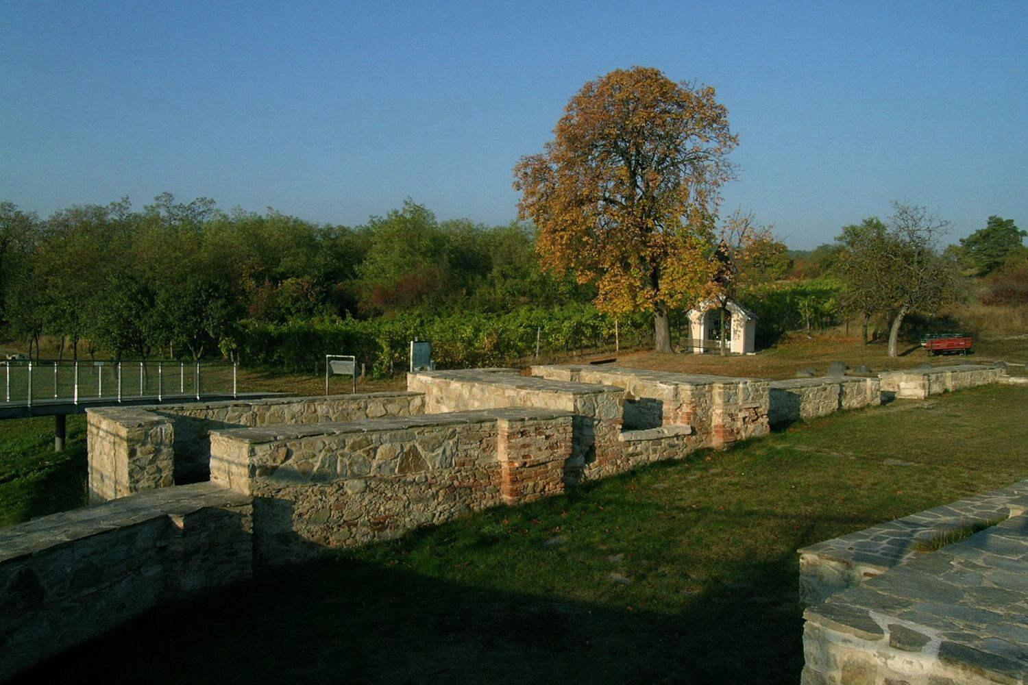 Ruinen einer alten Steinmauer mit Bäumen im Hintergrund.
