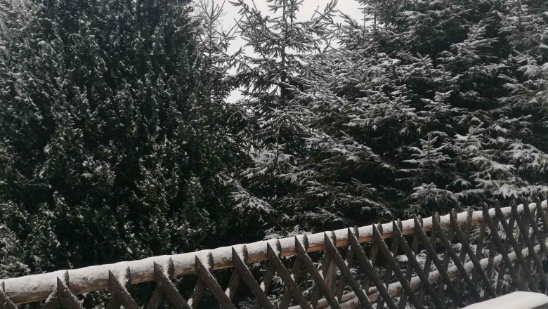 Verschneite Bank und B&auml;ume im Winter.