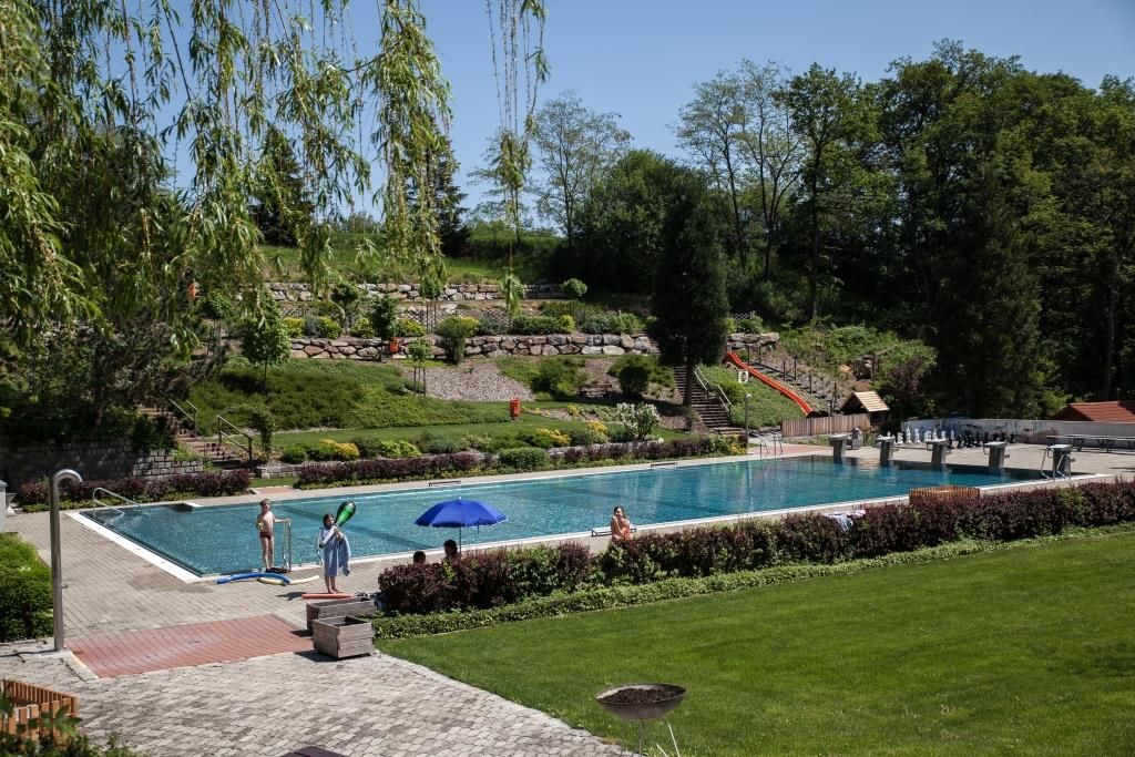 Ein Freibad mit Schwimmbecken, umgeben von Bäumen und Rasenflächen.