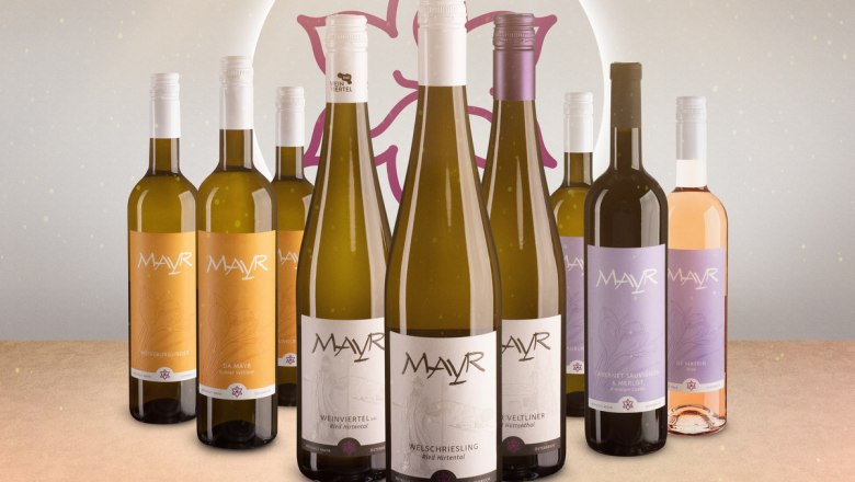 Mehrere Weinflaschen der Marke Mayr in verschiedenen Farben und Sorten.