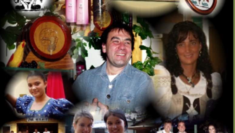 Collage von Menschen in traditioneller Kleidung und Weinschildern.