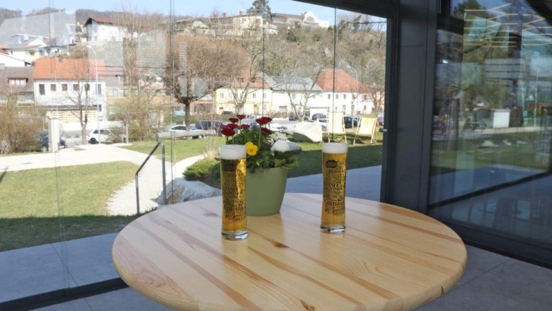 Zwei Gl&auml;ser Bier und ein Blumentopf auf einem Holztisch in einem Wintergarten mit Blick auf eine Stadtlandschaft.