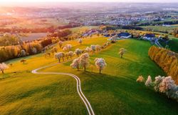 Im Frühling erblühen die Birnbäume in voller Pracht und verwandeln die sanften Hügel in ein blühendes Meer aus Weiß. Die warmen Sonnenstrahlen tauchen die Landschaft in goldenes Licht und laden zu einem entspannenden Spaziergang entlang der geschwungenen Wege ein.