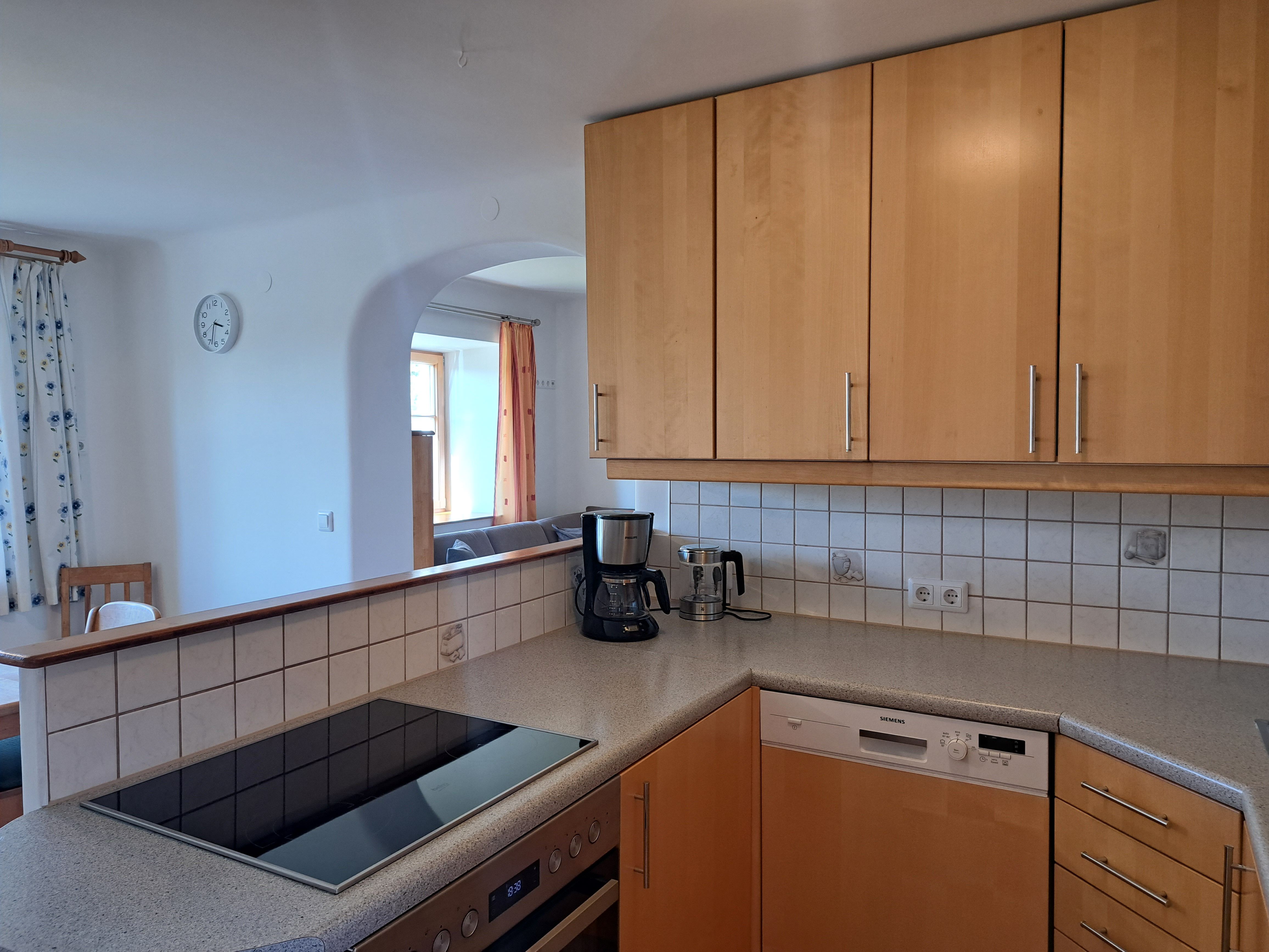 Küche mit Holzschränken, Geschirrspüler, Kochfeld und Kaffeemaschine.