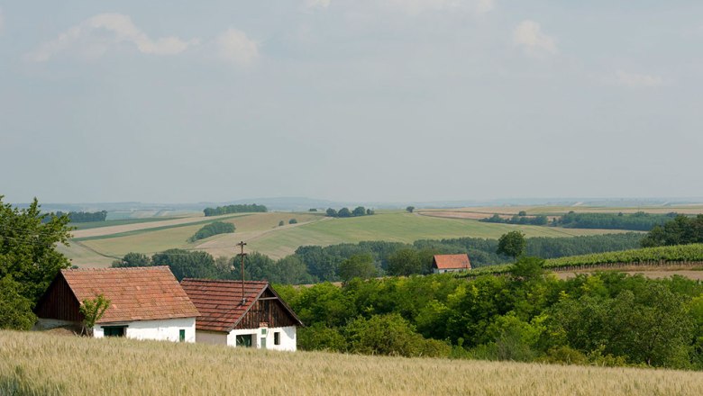 Landschaft mit Feldern, B&auml;umen und zwei kleinen H&auml;usern mit roten D&auml;chern.