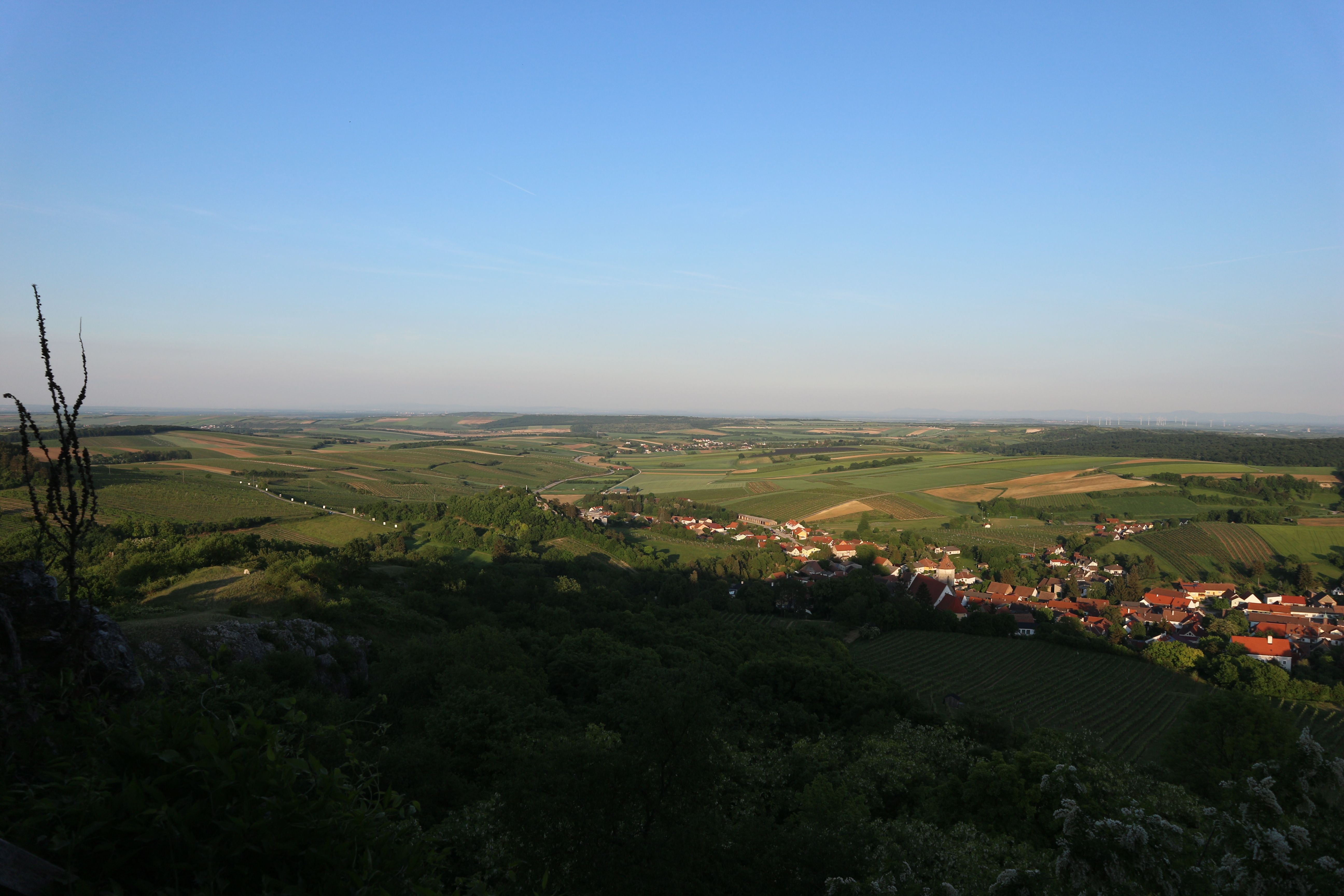 Panoramablick von der Burgruine Falkenstein auf eine weite, grüne Landschaft mit Feldern und einem Dorf.