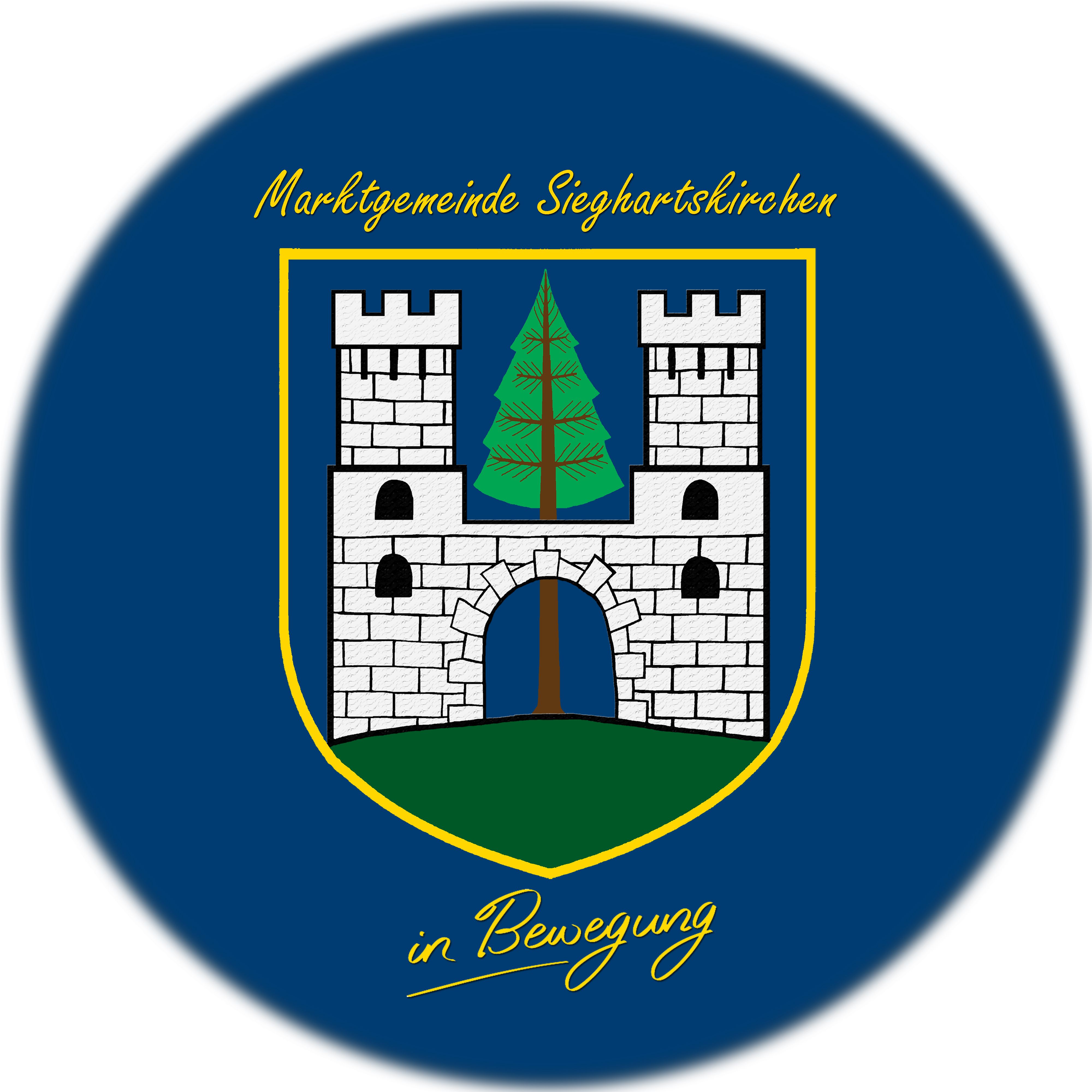 Wappen von Sieghartskirchen mit Burg und Baum auf blauem Hintergrund.