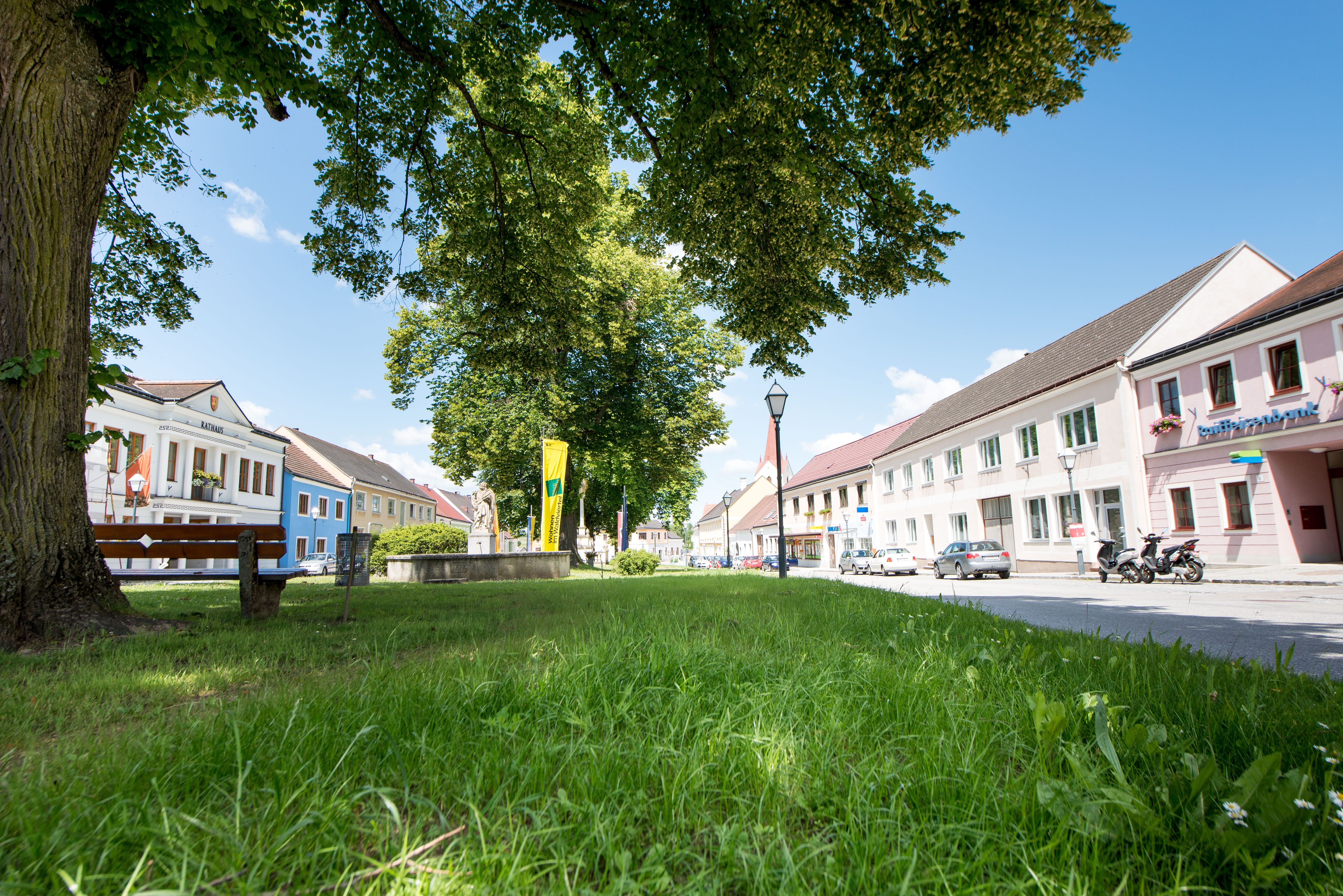 Hauptplatz mit bunten Häusern und in der Mitte eine grüne Wiese