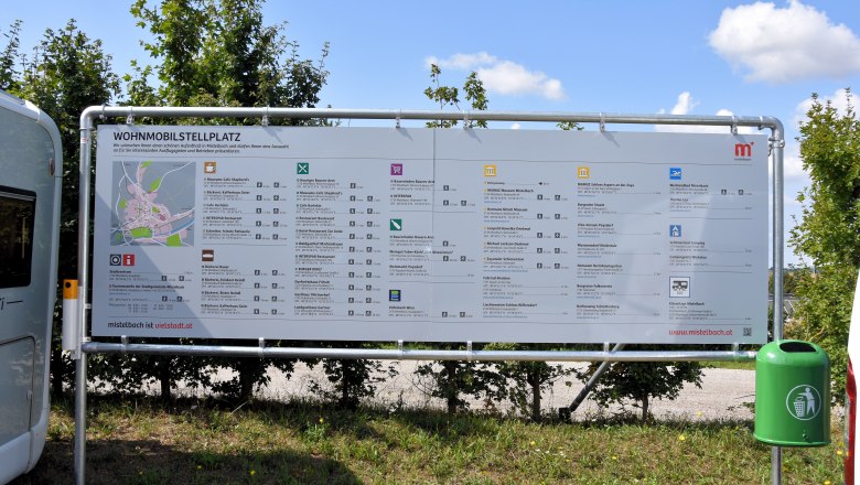 Informationsschild auf einem Wohnmobilstellplatz mit Karte und Text in Mistelbach.