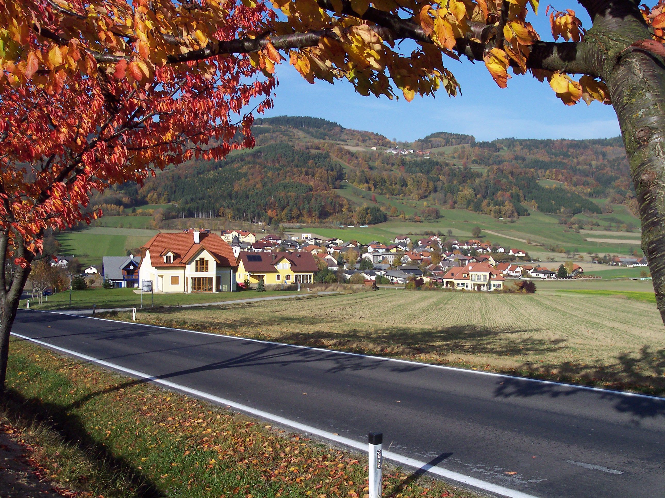 Herbstlandschaft mit Dorf und Hügeln im Hintergrund, Laubbäume mit bunten Blättern im Vordergrund.