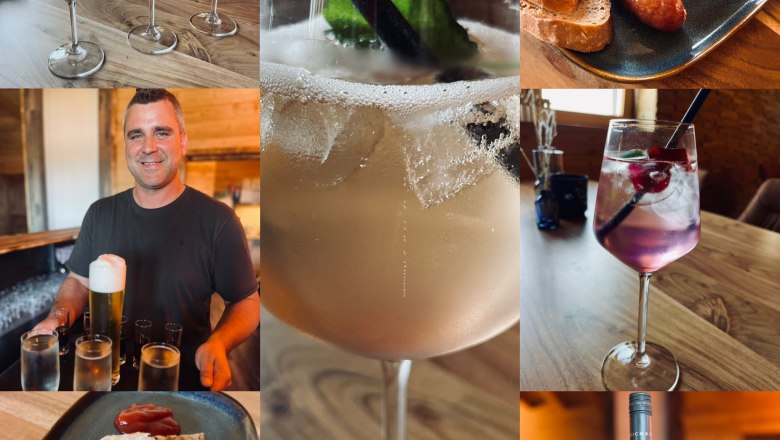 Collage von Getränken und regionalen Speisen in einem Restaurant.