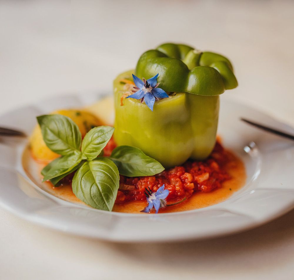 Ein kunstvoll angerichteter vegetarischer gefüllter Paprika, umgeben von einer köstlichen Naturparadeissoße und zarten Petersilerdäpfeln, lädt zum Genießen ein. Die frischen Zutaten und die liebevolle Zubereitung spiegeln die Wirtshauskultur Niederösterreich wider und versprechen ein unvergessliches Geschmackserlebnis.