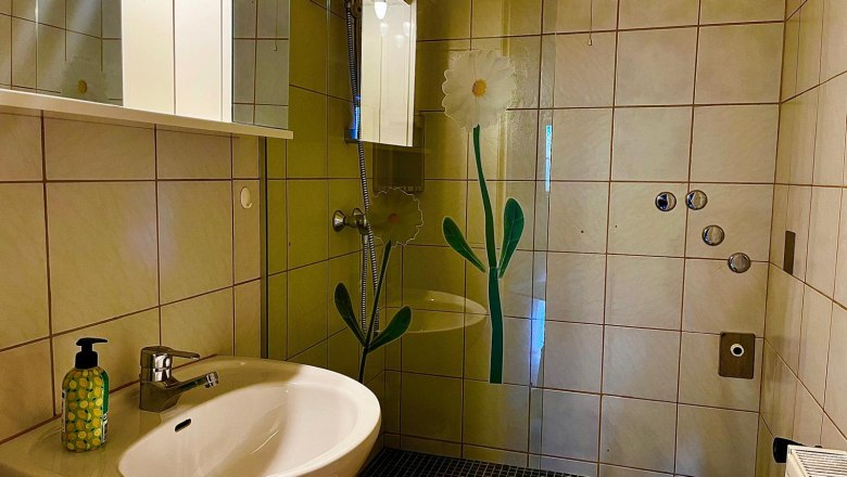Badezimmer mit Waschbecken, Spiegel und Duschwand mit Blumenmotiv.