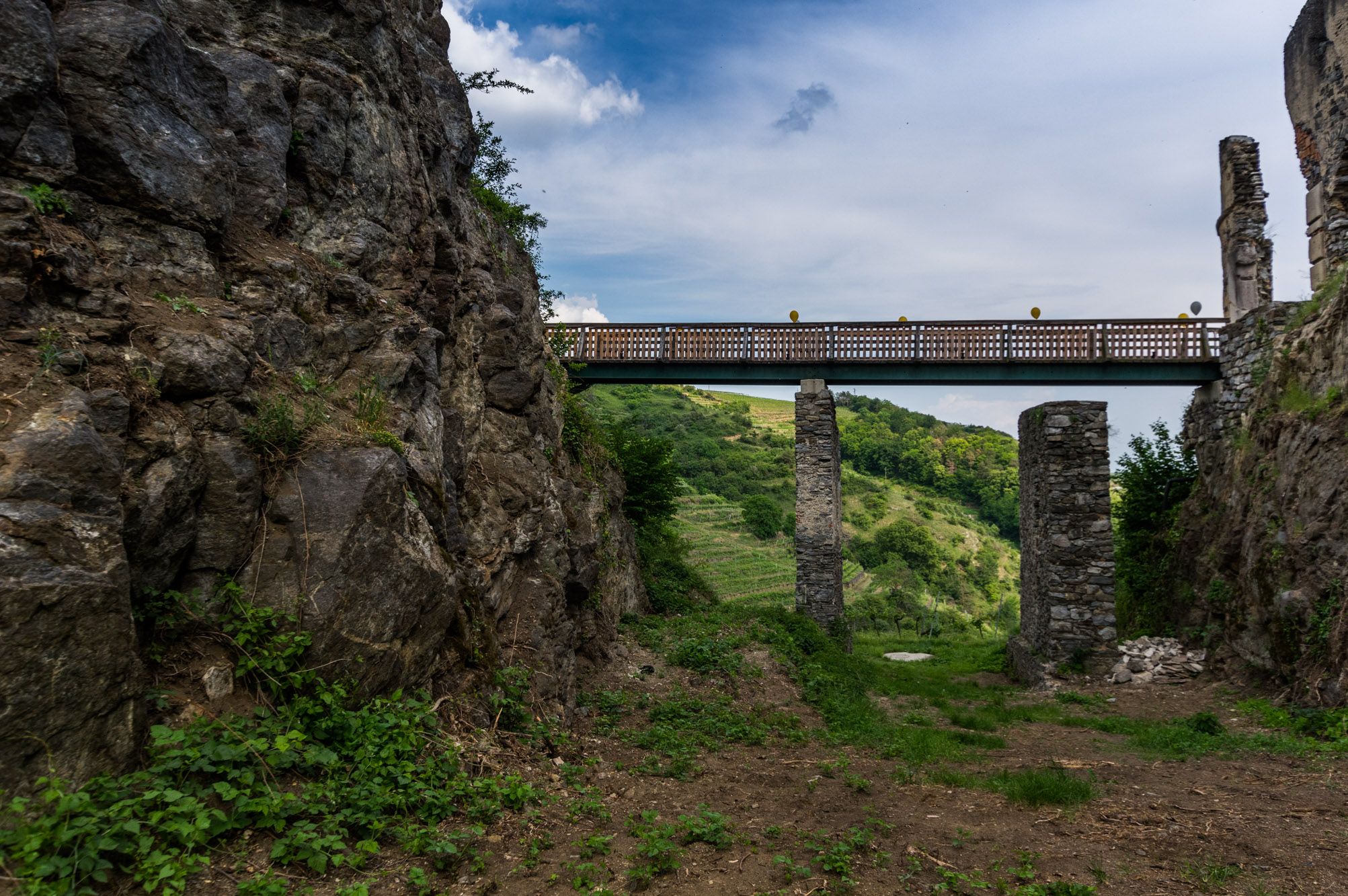 Ruinen der Burgruine Senftenberg mit Brücke und grüner Landschaft im Hintergrund.