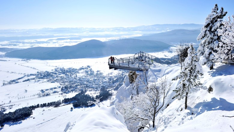 Winterlandschaft im Naturpark Hohe Wand mit schneebedeckten B&auml;umen und Aussichtspunkt.