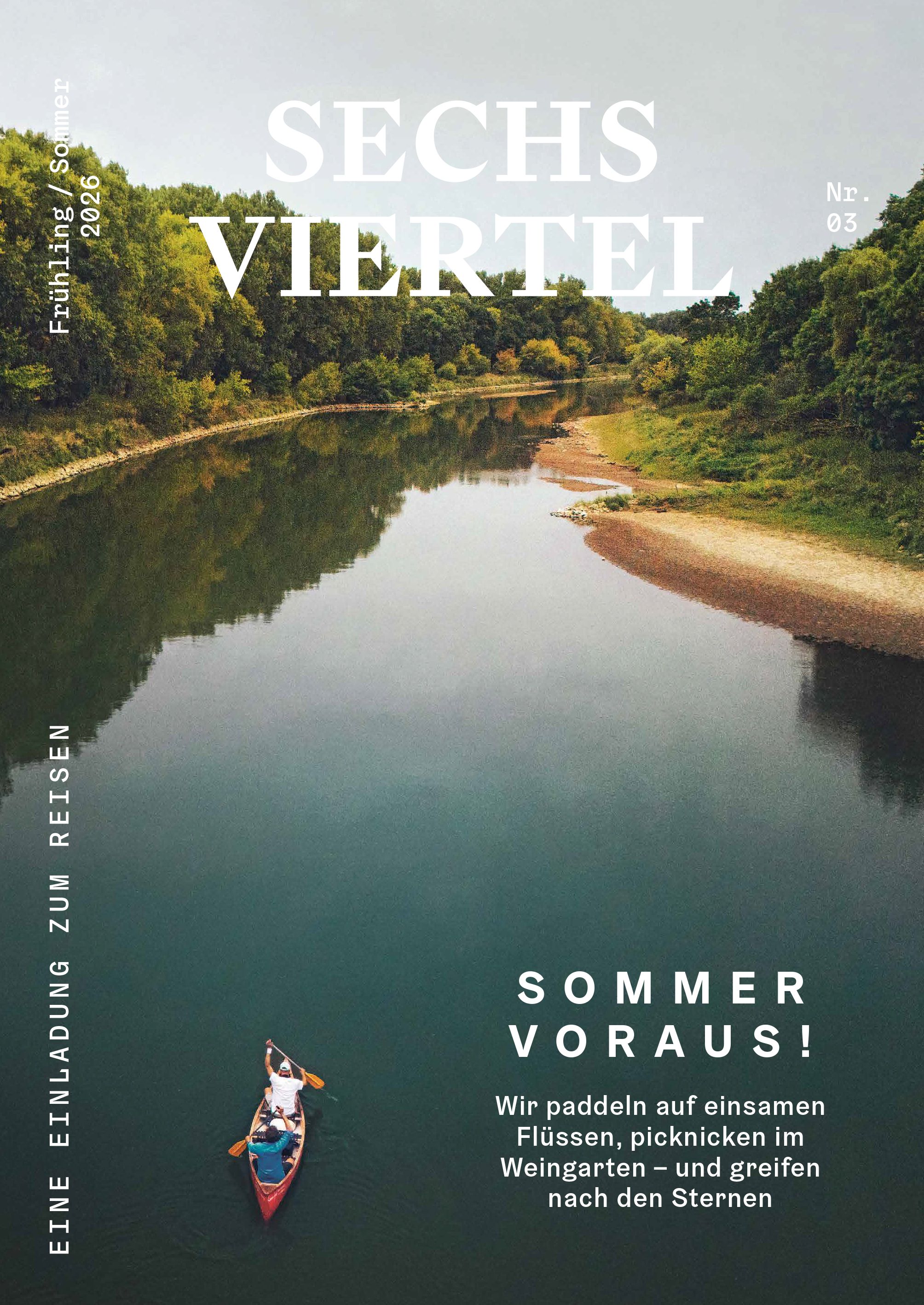 Cover des "SECHS VIERTEL Magazin" Ausgabe 03. Abgebildet sind zwei Personen, die in einem Kanu die March entlang paddeln. Rechts und links des Flusses sind die grünen Auenlandschaften erkennbar. 