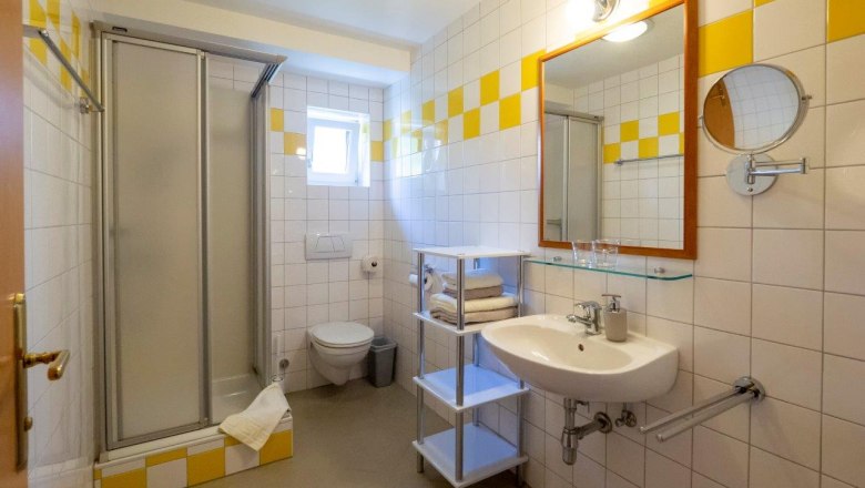 Badezimmer mit Dusche, WC, Waschbecken und Spiegel.