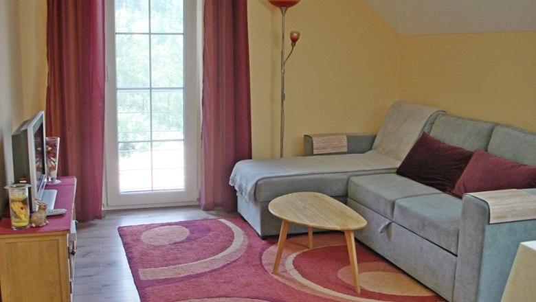 Wohnzimmer mit grauem Sofa, rotem Teppich und Glast&uuml;r.