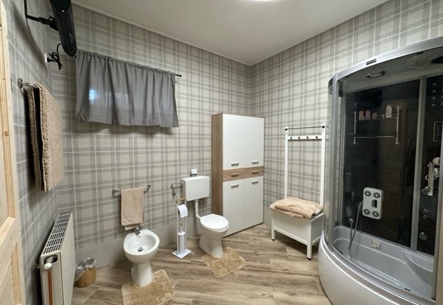 Modernes Badezimmer mit Duschkabine, Bidet, Toilette und Schrank auf Holzfu&szlig;boden.